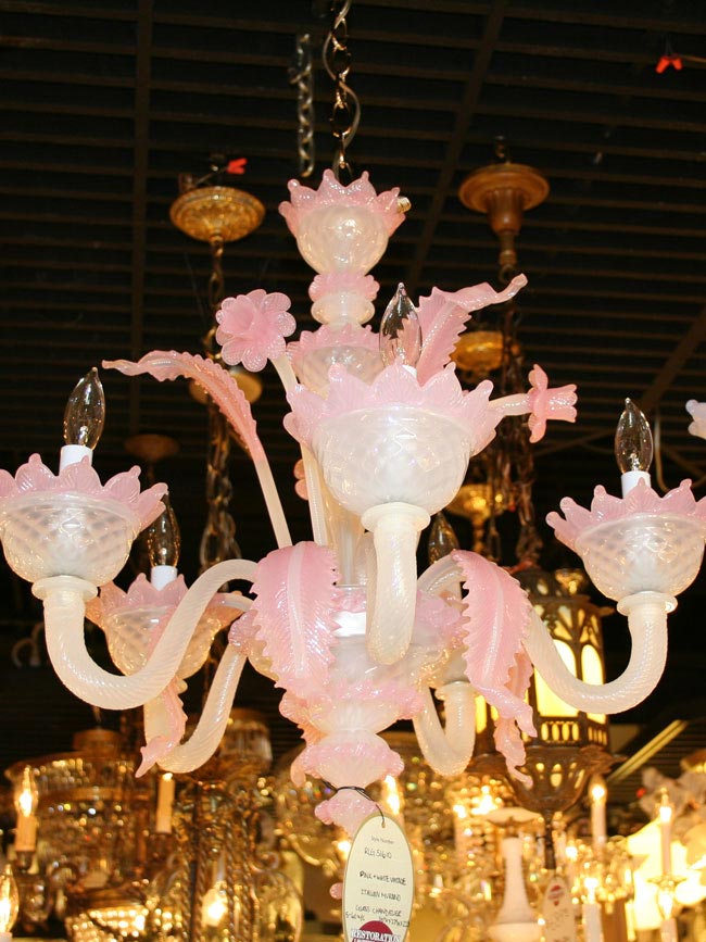 Pink And White Vintage Italian Murano Glass Chandelier C 1950