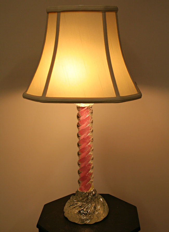Pink & Clear Art Glass Table Lamp w/ Spiral Column, c. 1920