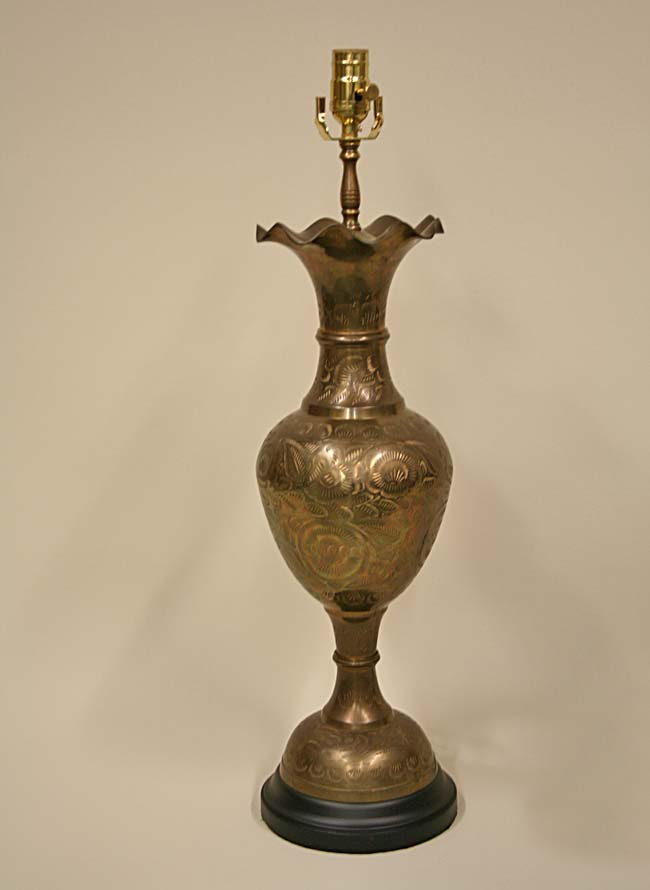 Vintage Etched Brass Vase Lamp w/ Fluted Top & Black Base, c. 1960