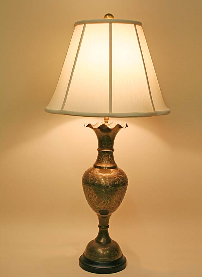 Vintage Etched Brass Vase Lamp w/ Fluted Top & Black Base, c. 1960