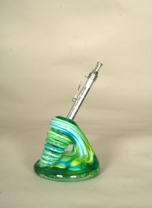 Handblown Aqua & Lime Glass Pen Holder
