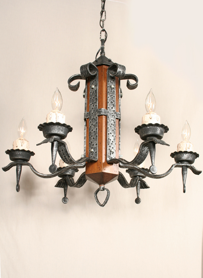 Vintage Wood and Iron Chandelier, c. 1960