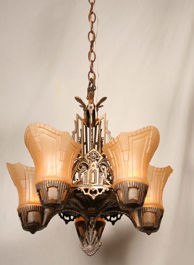 Vintage Art Deco Iron Chandelier, c. 1930