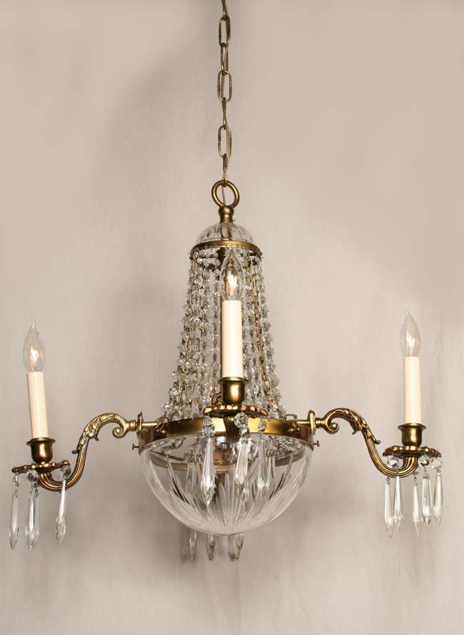 Classic Empire Chandelier With Crystal Bowl And Prisms, c. 1960