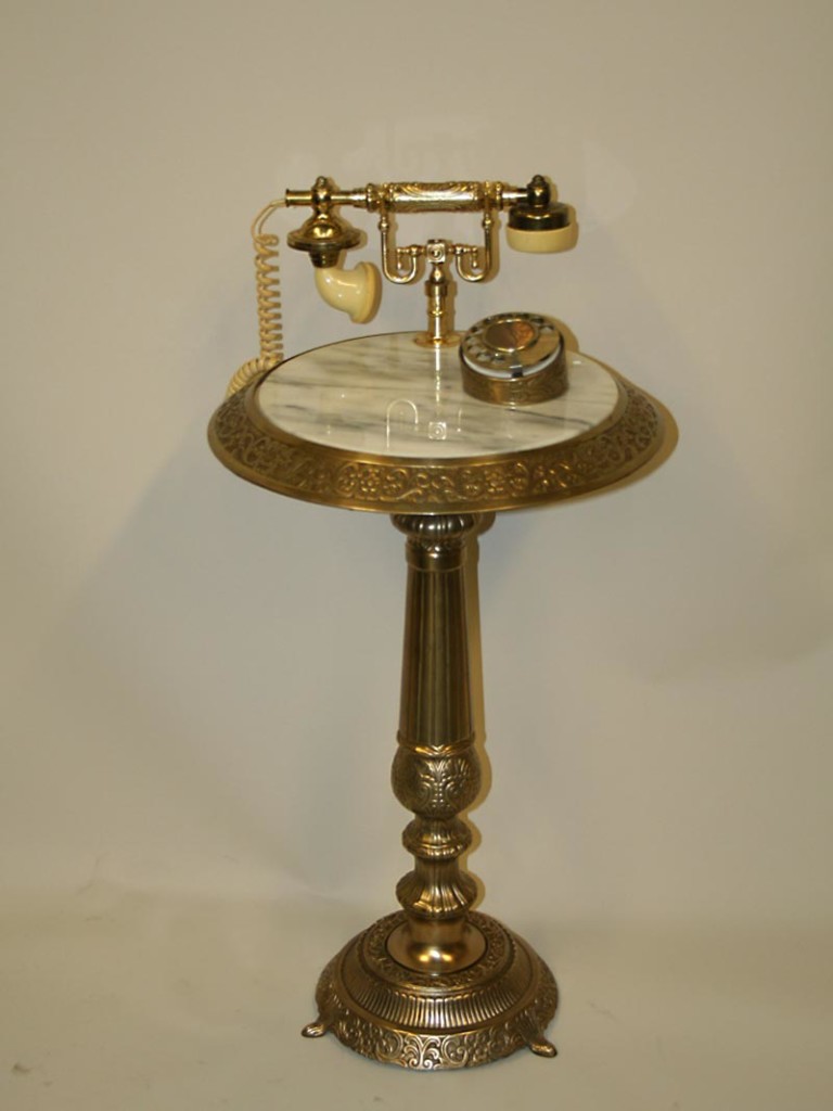 Rotary Telephone Table w/ Ornate Brass Pedestal & Marble Table Top, c. 1970