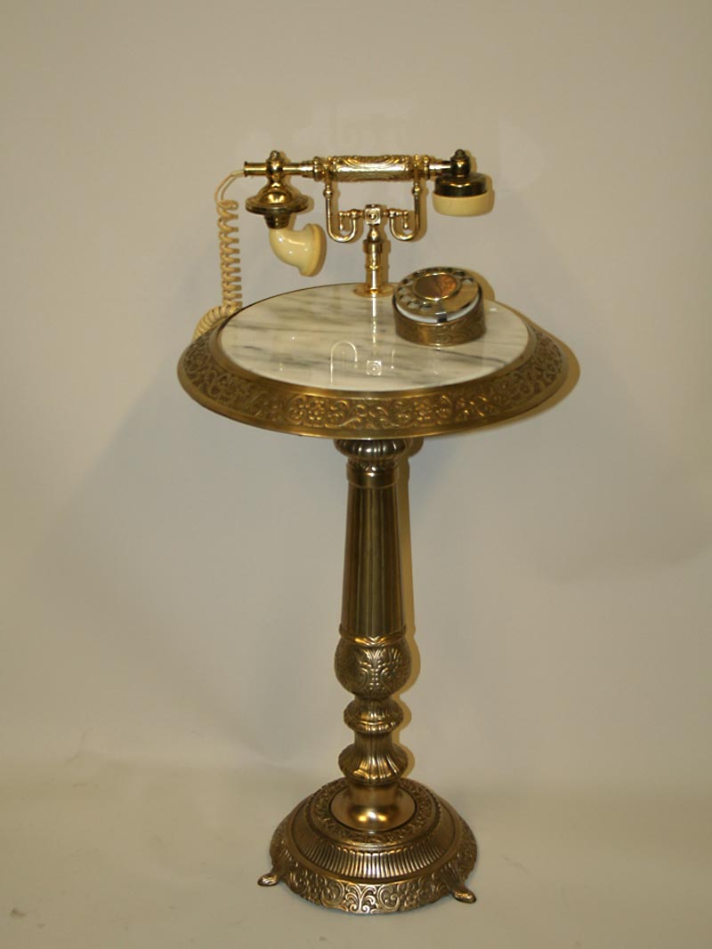 Rotary Telephone Table w/ Ornate Brass Pedestal & Marble Table Top, c. 1970