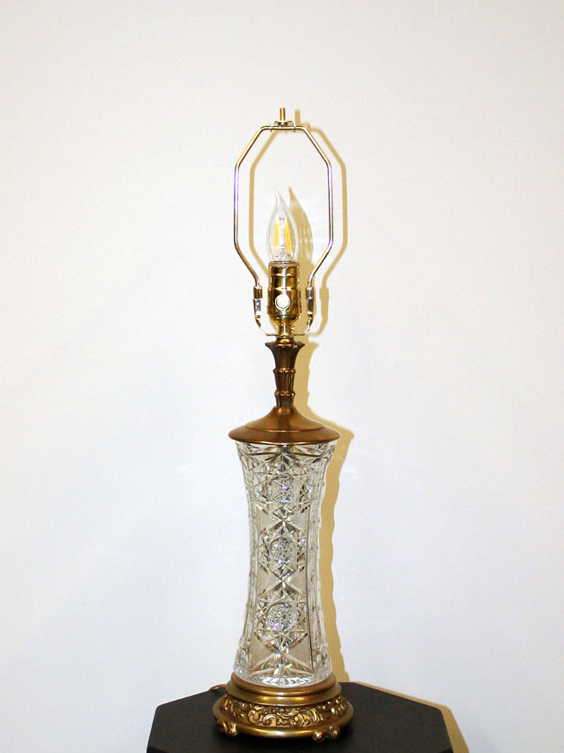 Cut Crystal Vase Lamp w/ Antique Brass Tone Base, c. 1950