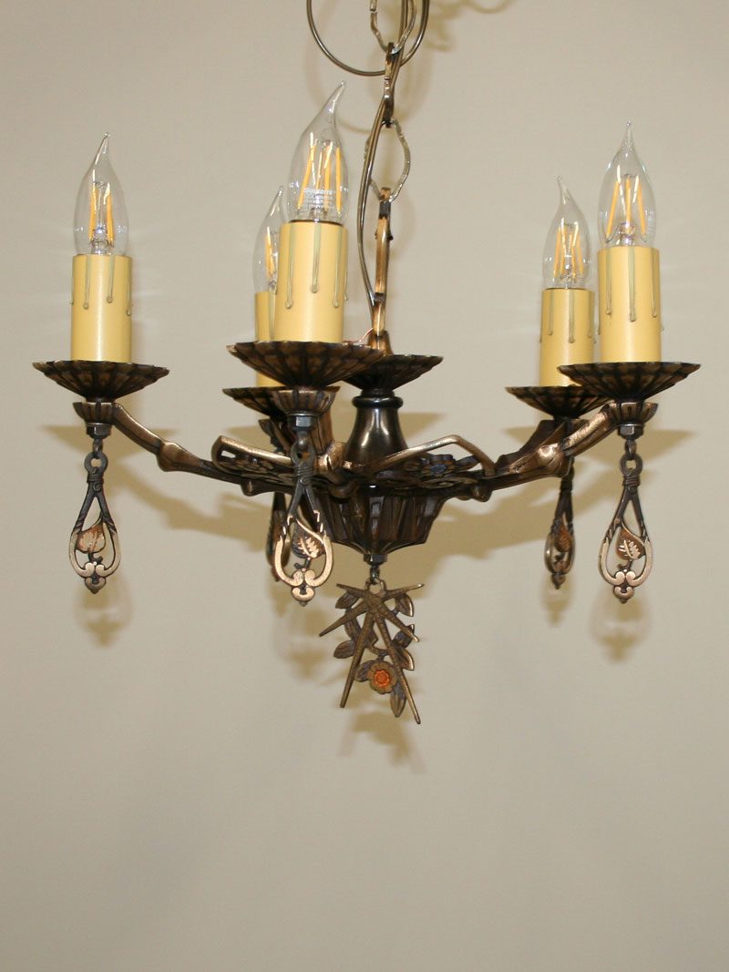 Sweet Art Deco Chandelier w/ Gold Accents & Floral Motif, c. 1930
