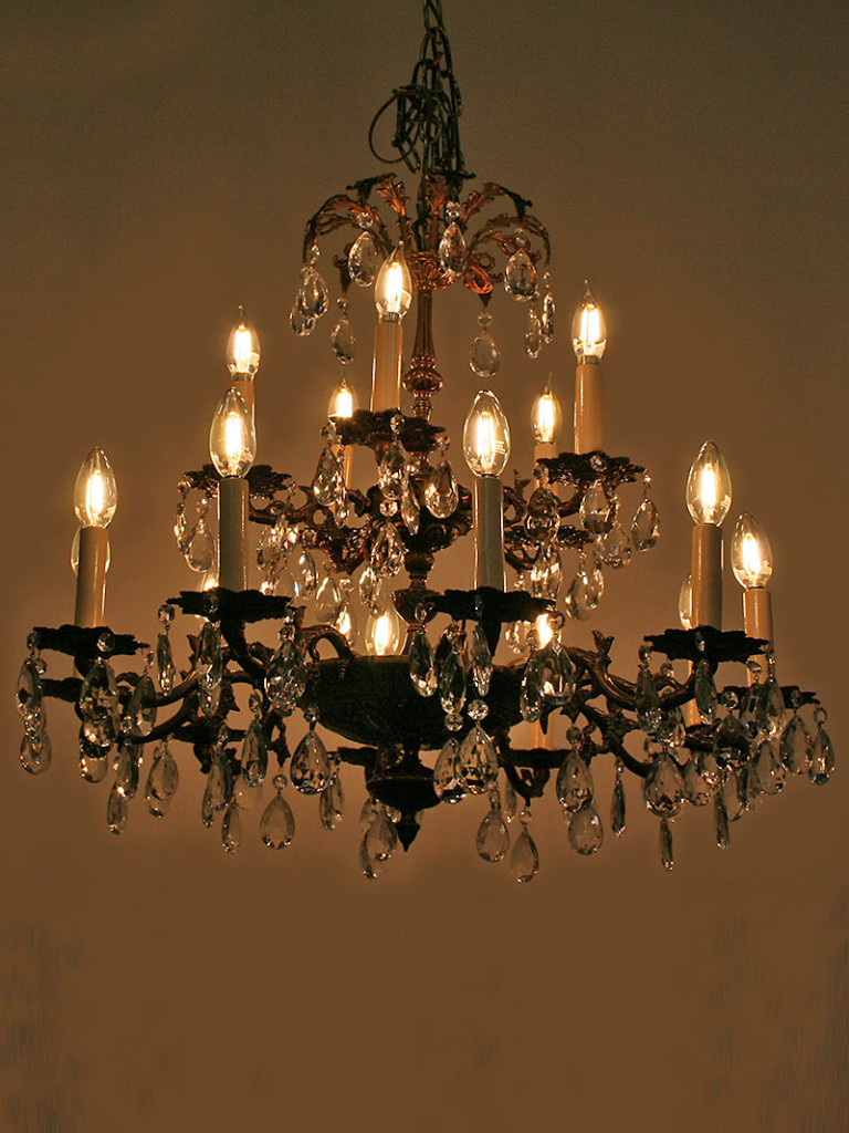 2 Tier 15 Arm Brass & Crystal Chandelier w/ Great Cast Detail, c. 1950