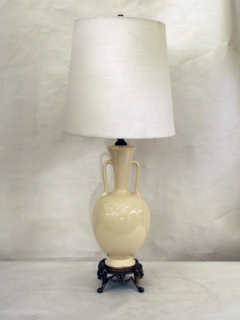 Elegant Urn Shaped Cream Porcelain Lamp on Footed Filigree Base, c. 1930