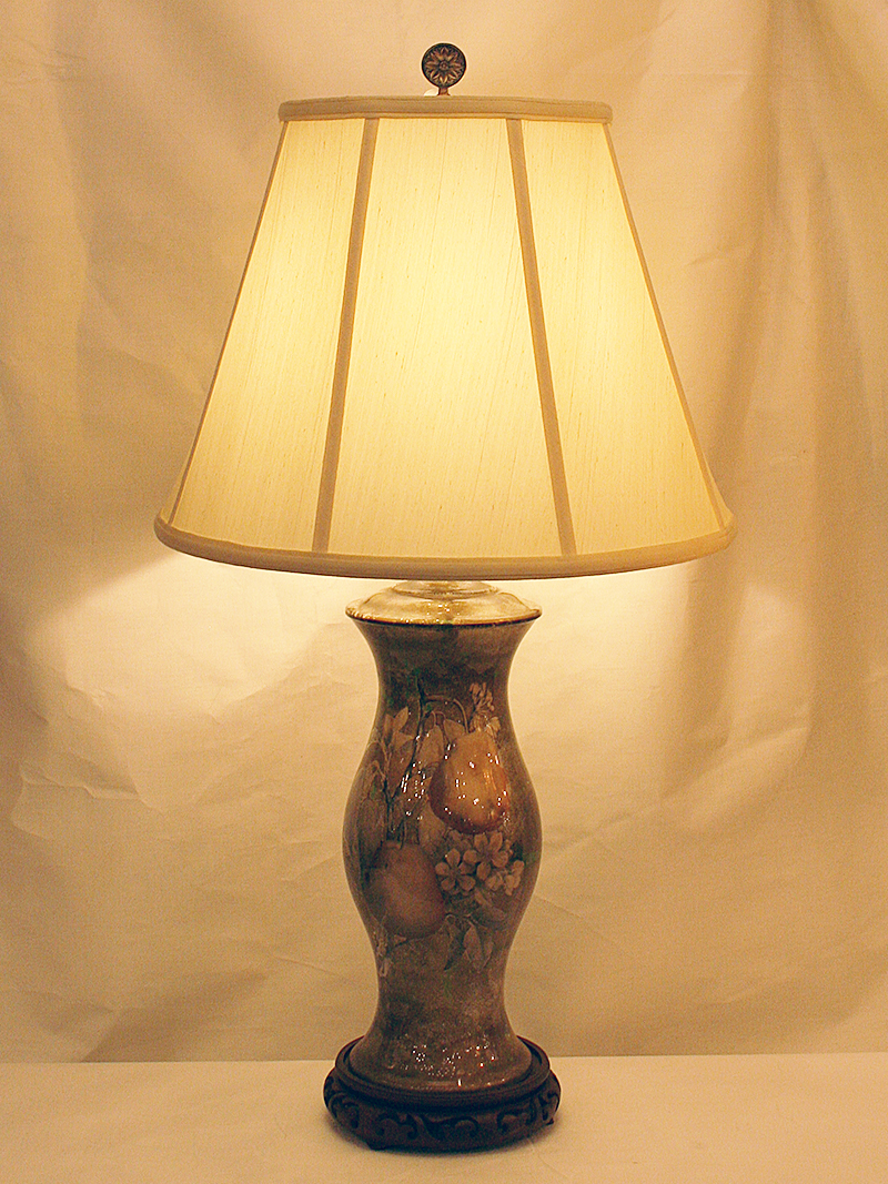 Reverse Painted Decoupage Glass Lamp on Carved Wood Base, c. 1960