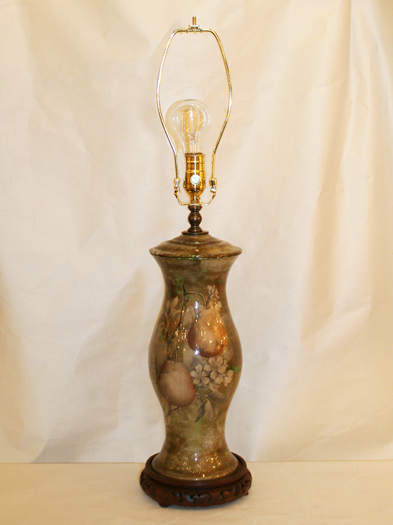 Reverse Painted Decoupage Glass Lamp on Carved Wood Base, c. 1960
