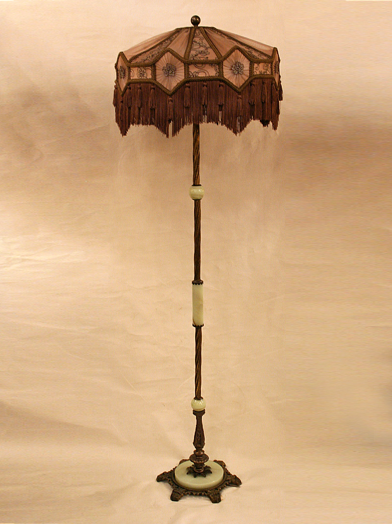 2Lt Floor Lamp w/ Jadeite Accents & Cast Footed Base, c. 1920