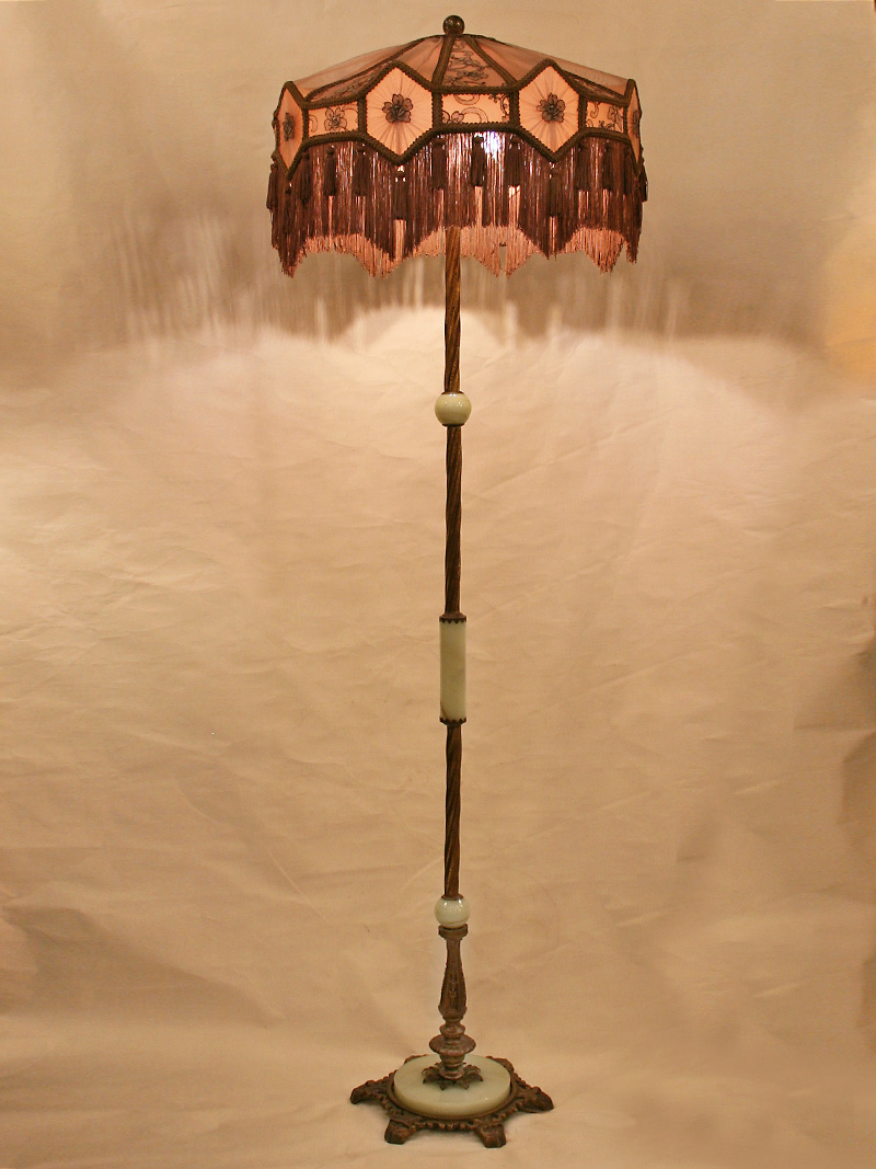 2Lt Floor Lamp w/ Jadeite Accents & Cast Footed Base, c. 1920