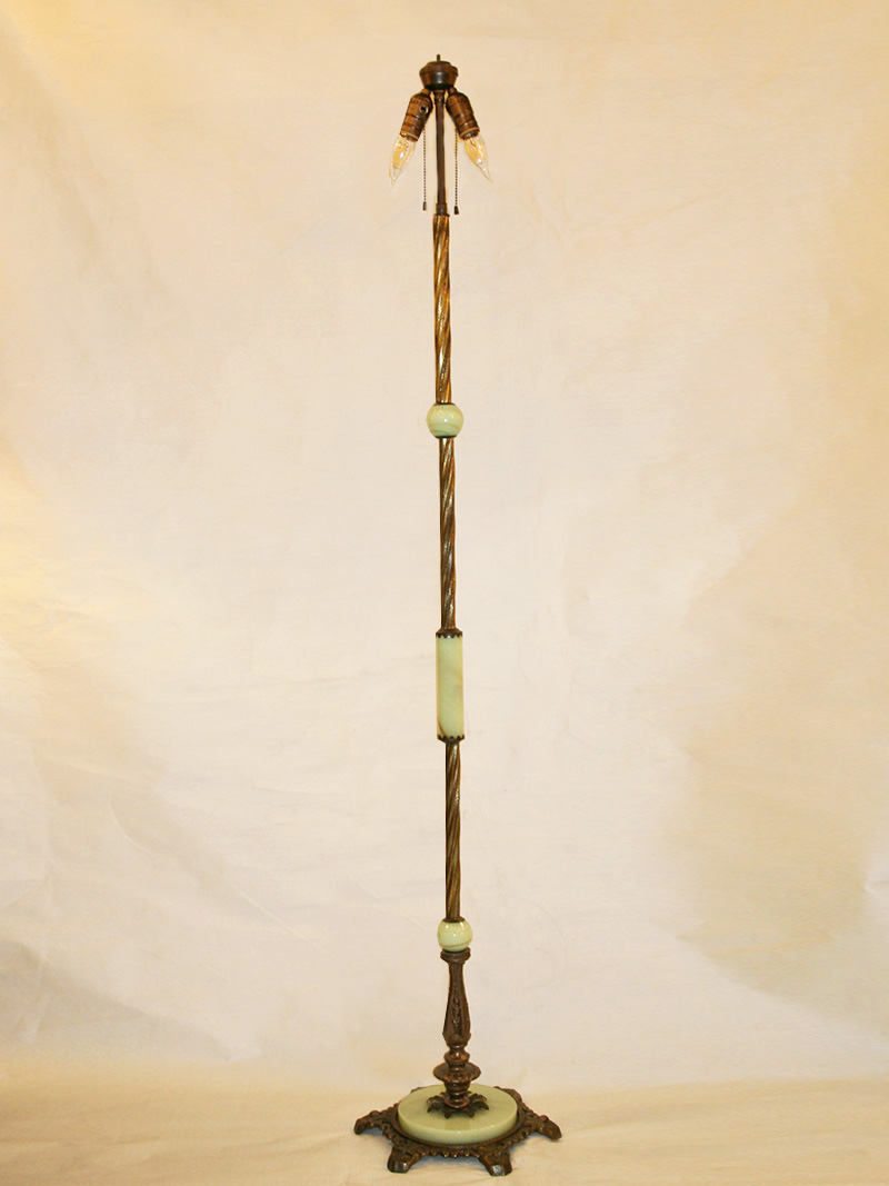 2Lt Floor Lamp w/ Jadeite Accents & Cast Footed Base, c. 1920
