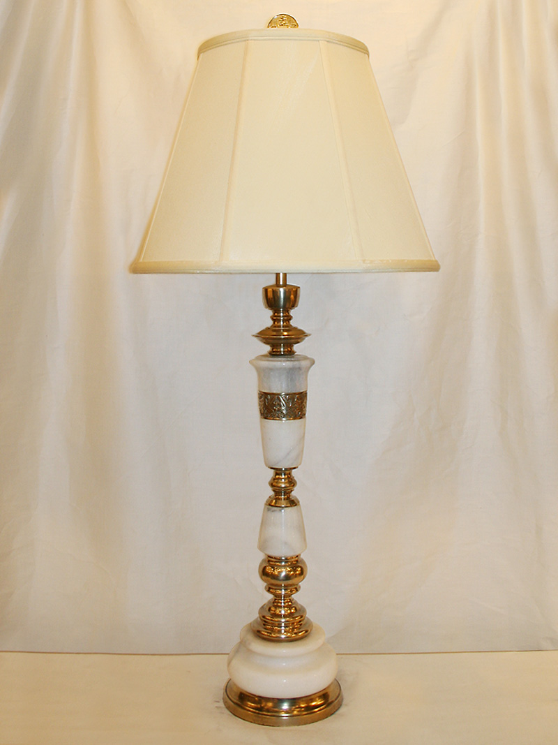 White Marble Vintage Buffet Lamp w/ Brass Accents & Archaic Design, c. 1960