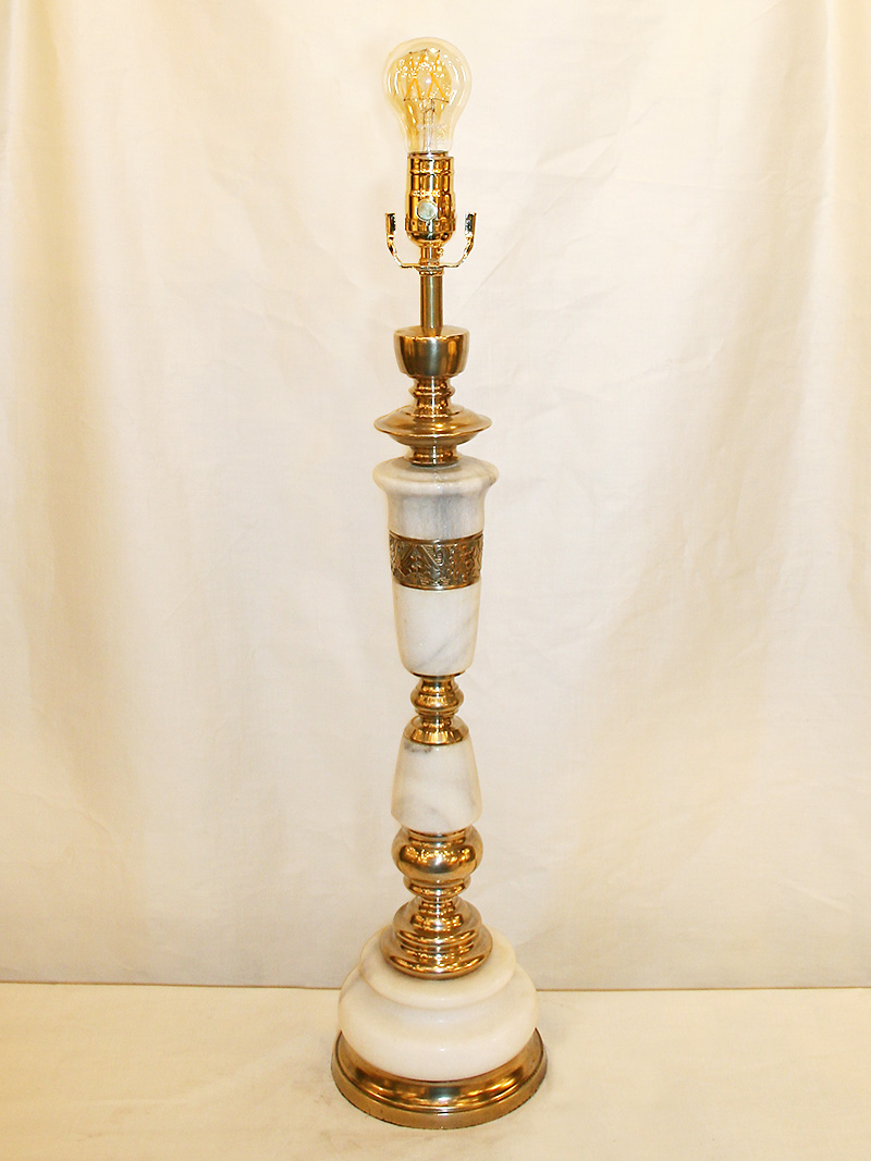 White Marble Vintage Buffet Lamp w/ Brass Accents & Archaic Design, c. 1960