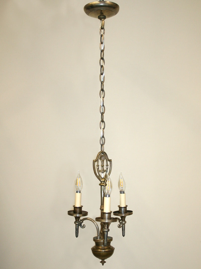 Colonial Revival 3 Arm Brass Chandelier w/ Ant. Silver Finish, c. 1930 Restoration Lighting