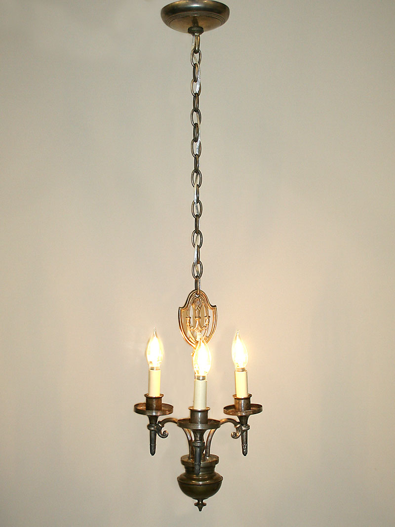 Colonial Revival 3 Arm Brass Chandelier w/ Ant. Silver Finish, c. 1930