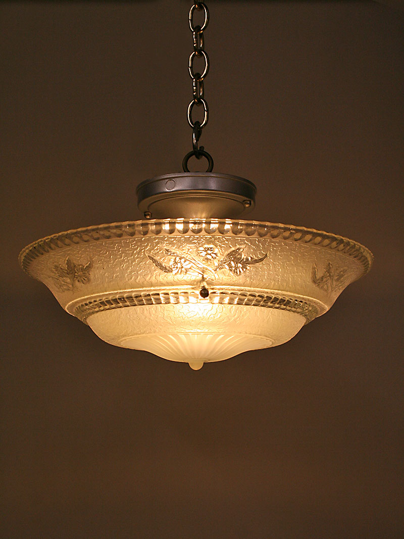 Frosted White Embossed Glass SemiFlush Fixture w/ Clear Floral Designs