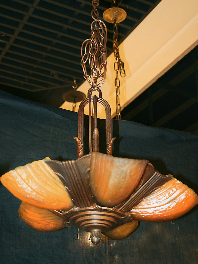 Art Deco 5 Lt Chandelier w/ Bronze Painted Frame & Amber Slip Glass