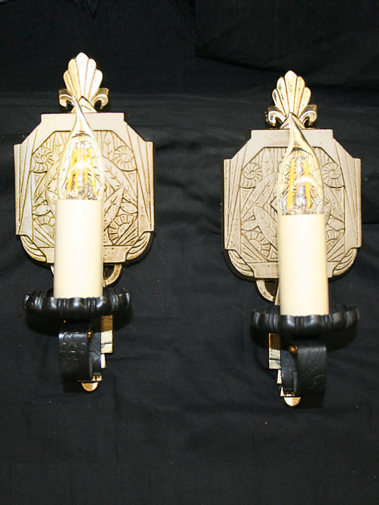 Pair of Gold & Black Art Deco Wall Sconces w/ Flowers & Leaves, c. 1930