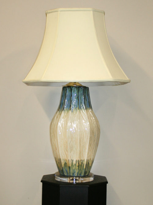 Large Custom Rustic Ceramic Vase Lamp w/ Blue/Gray & Taupe Colors.