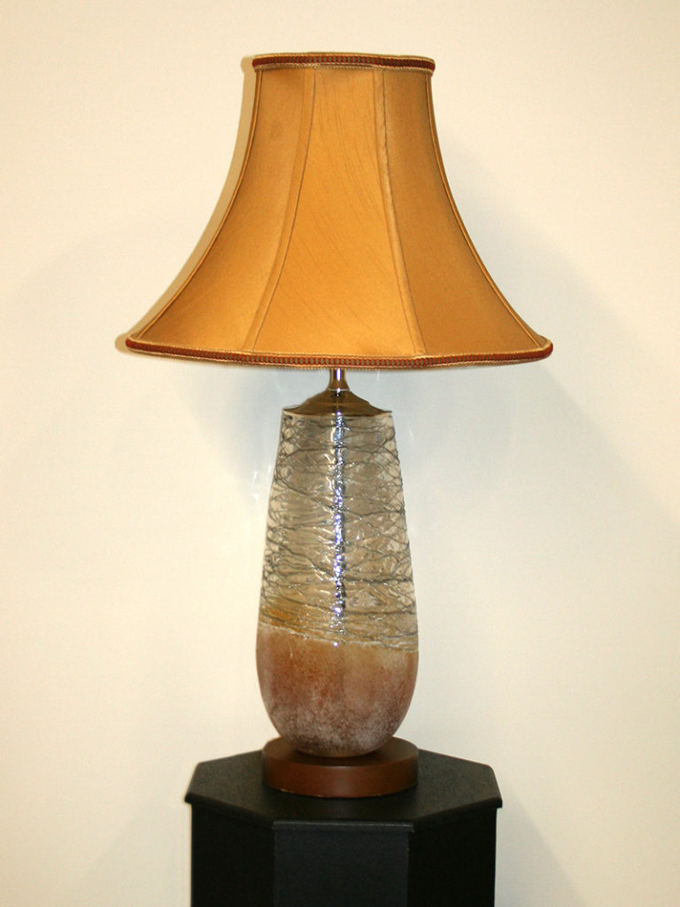 Custom HandBlown Glass Vase Lamp w/ Wavy/Blue Lines & Rustic Amber.