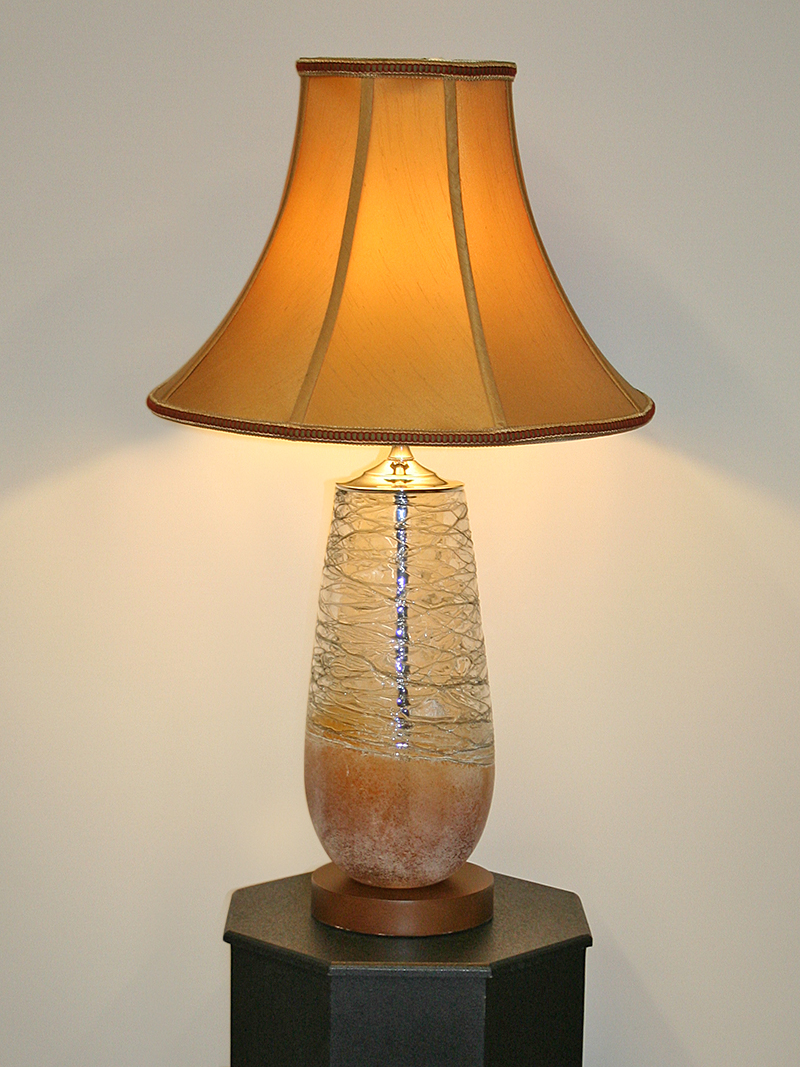 Custom HandBlown Glass Vase Lamp w/ Wavy/Blue Lines & Rustic Amber.