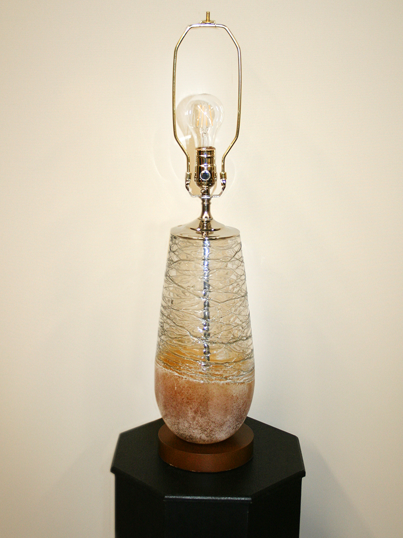 Custom HandBlown Glass Vase Lamp w/ Wavy/Blue Lines & Rustic Amber.